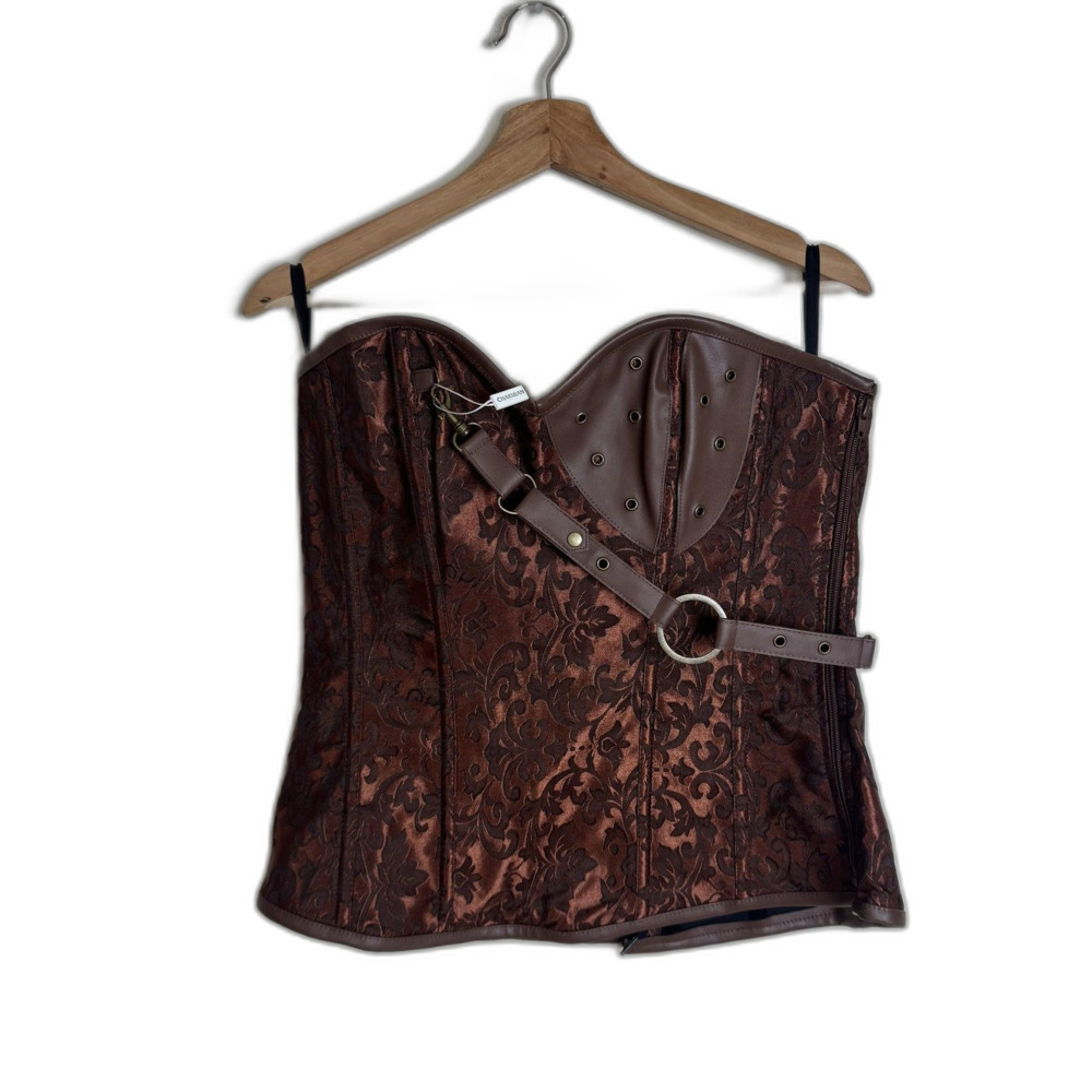 Charmian Corset Womens Plus 4XL Brown Steampunk‎ Overbust Faux Leather Jacquard